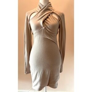 NWT NBD Criss Cross Cutout Mock Neck Long Sleeve Mini Dress Beige Women Small